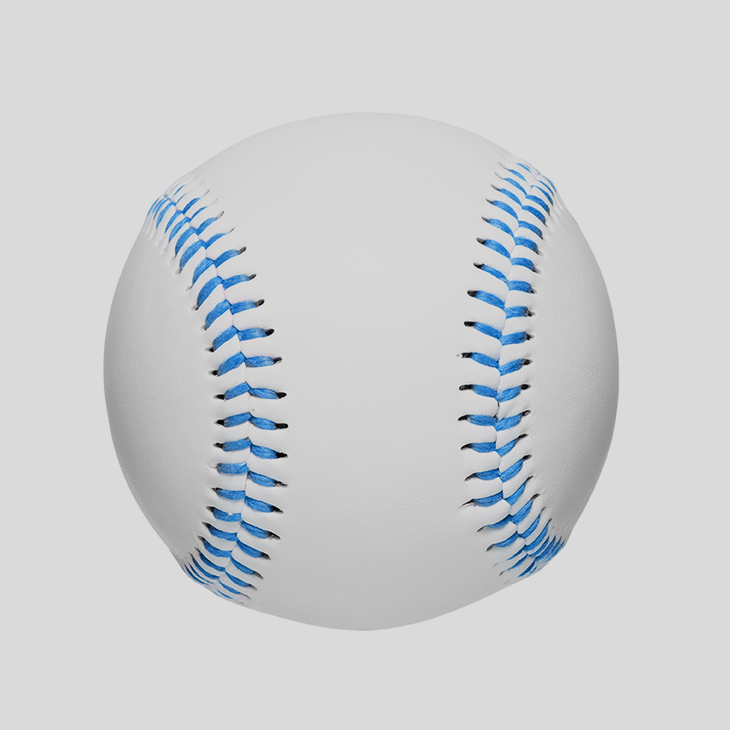 A baseball with blue stitching